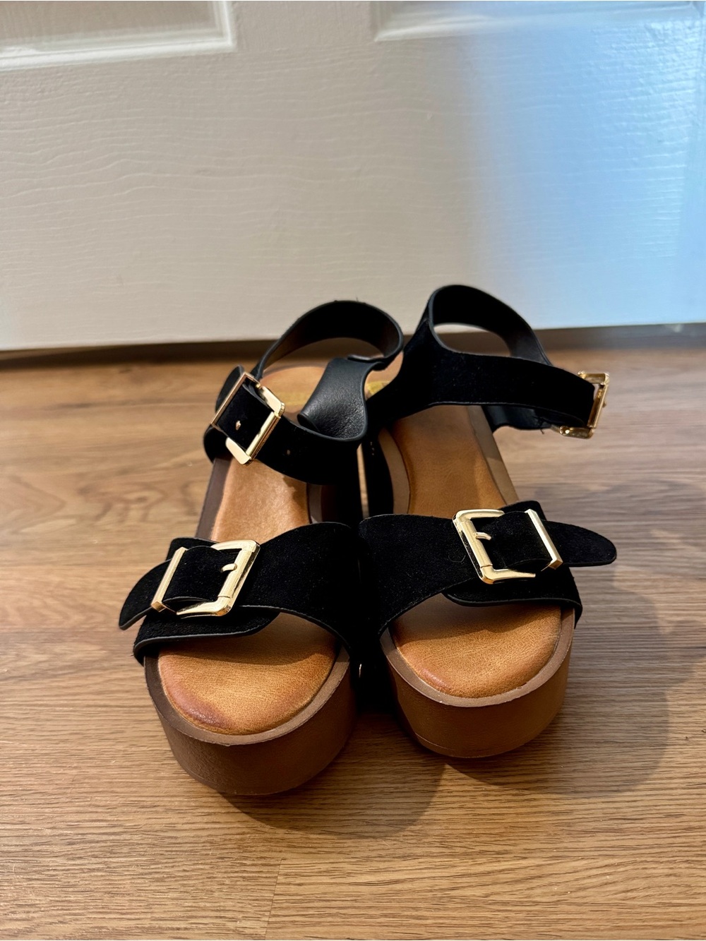 Black Platform Sandals with Gold Buckles